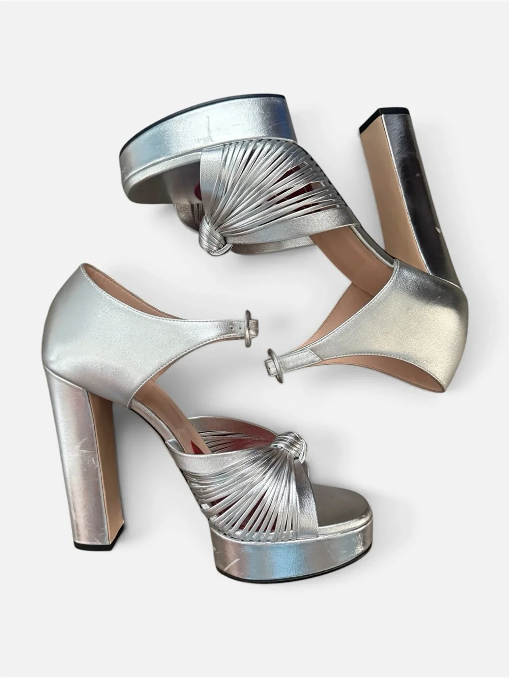 Nwot GUCCI 2019 METALLIC SILVER CRAWFORD LEATHER PLATFORM SANDALS